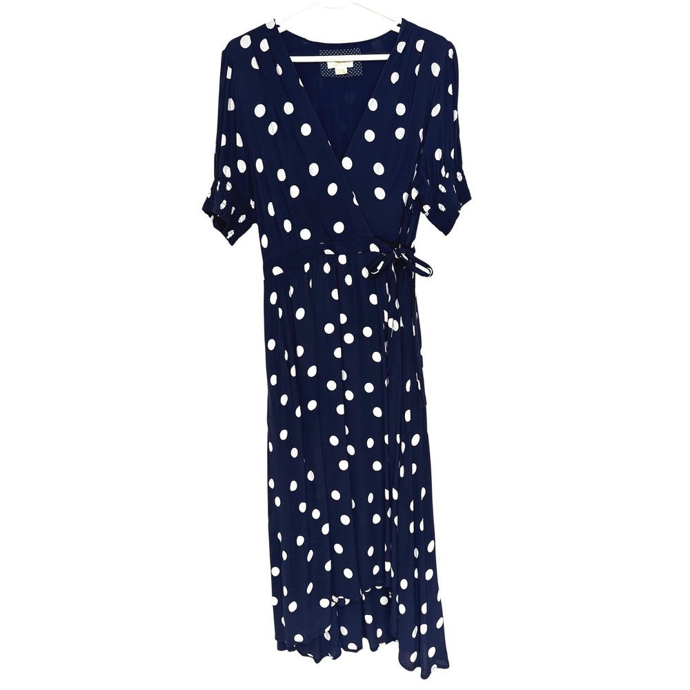 Maeve Anthropologie Polka Dot Wrap Dress Navy Blue White Midi Size 16 - Picture 4 of 11